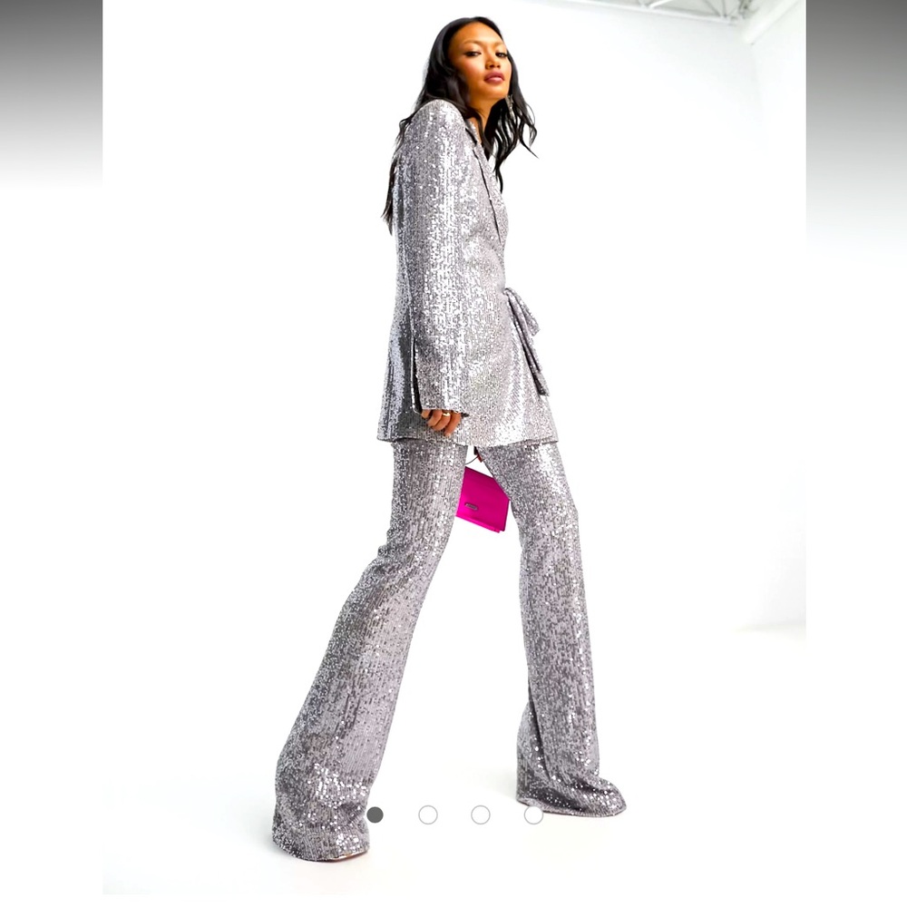 ASOS DESIGN jersey sequin flare suit pants in gunmetal NWT